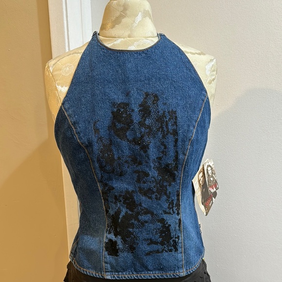 XOXO Tops - XOXO Denim Halter Glitter Black Design Open Back Strap Funky Top L NWT